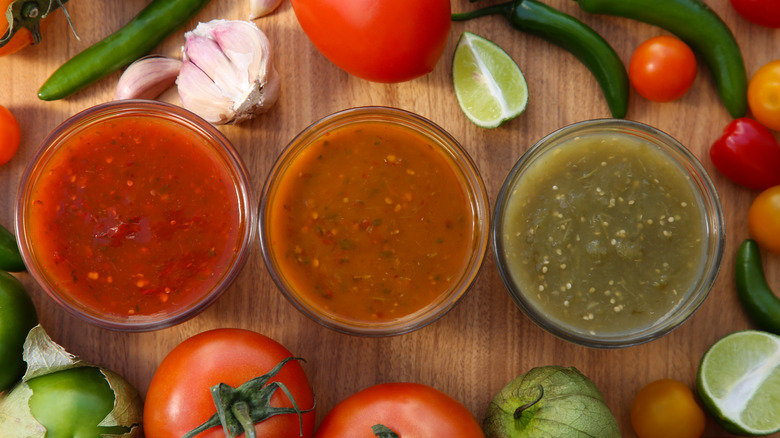 Red, orange, and green salsa