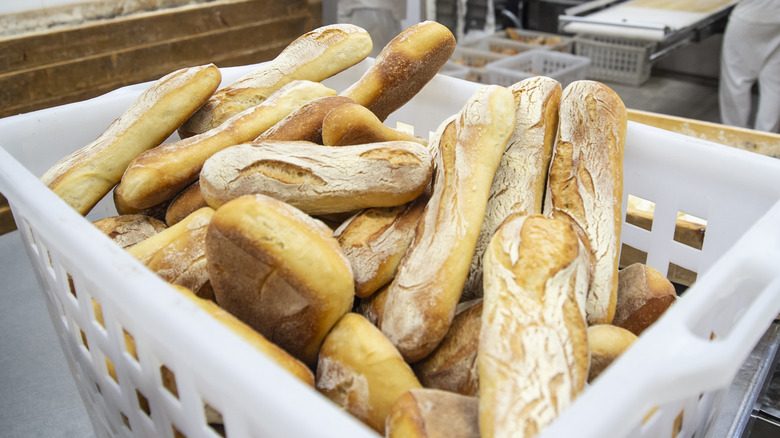 Basket of Italian bread in bakery