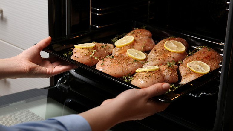 Chicken breasts going into oven