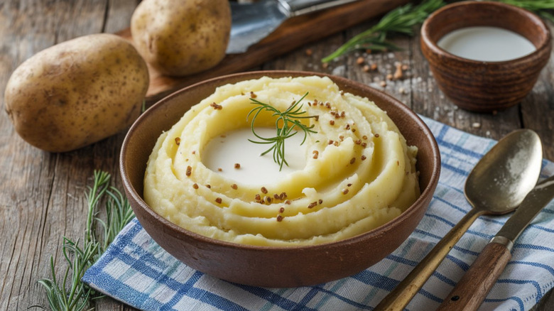 Creamy mashed potatoes with milk and herbs on a blue and white cloth napkin