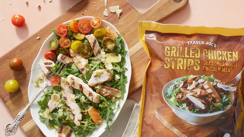 trader joe's grilled chicken strips on a salad