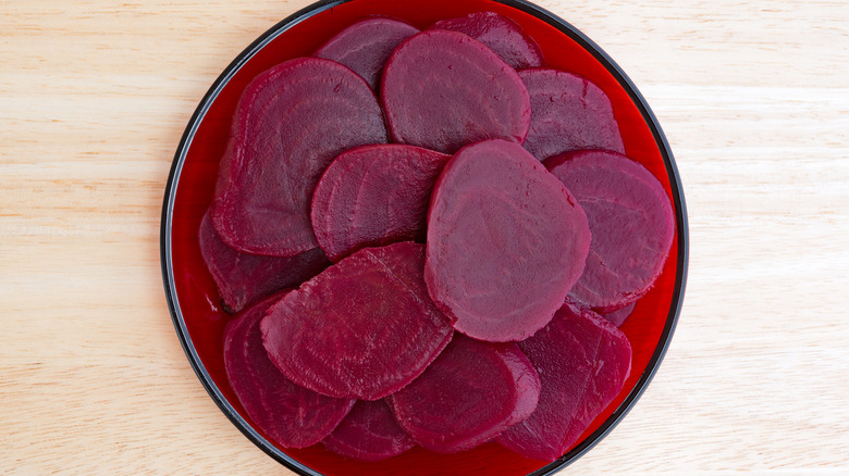 overhead plate of sliced beets 