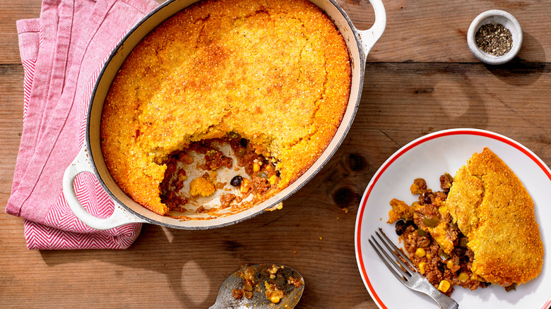 Cornbread casserole scooped onto plate