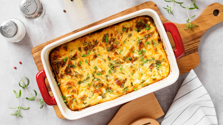Overhead view of baked casserole