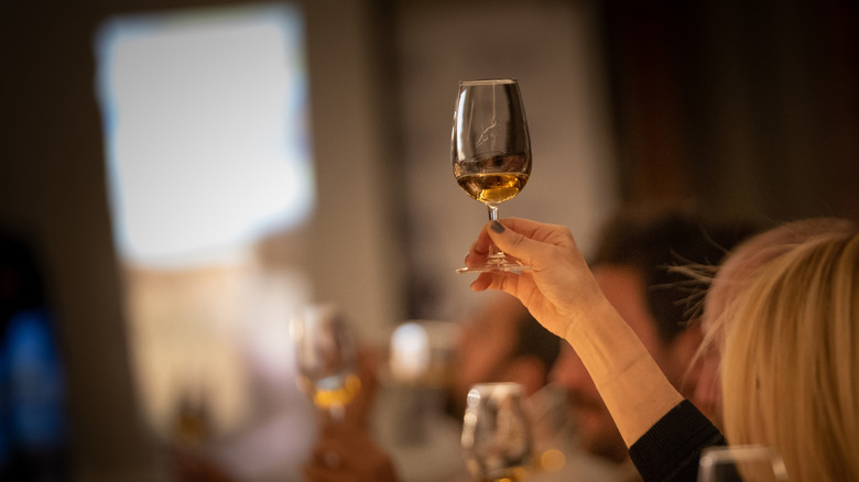 Closeup of a person holding up a glass of whiskey