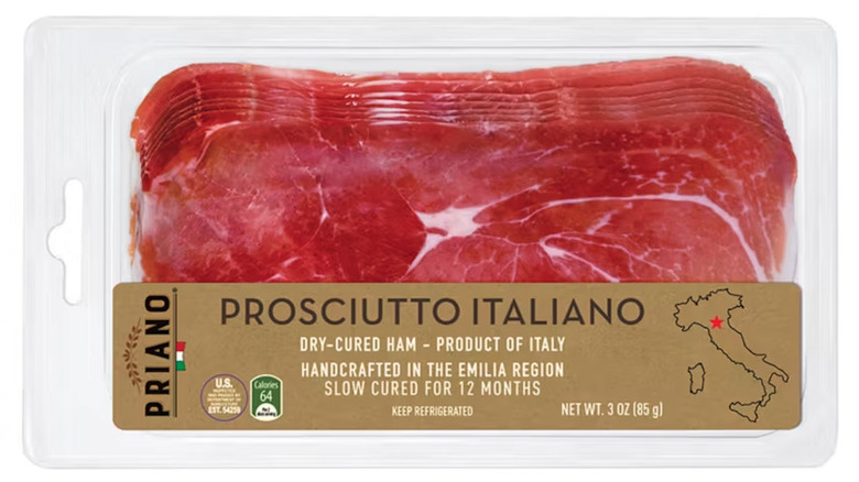 Package of imported Italian prosciutto from the Priano brand sold at Aldi