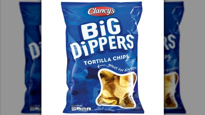 a bag of Clancy's Big Dippers Tortilla Chips against a white background.