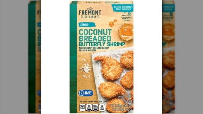 a box of Fremont Coconut Breaded Butterfly Shrimp against a white background.
