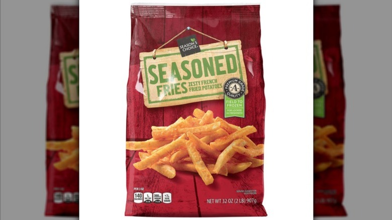 a bag of Season's Choice Seasoned French Fries against a white background.
