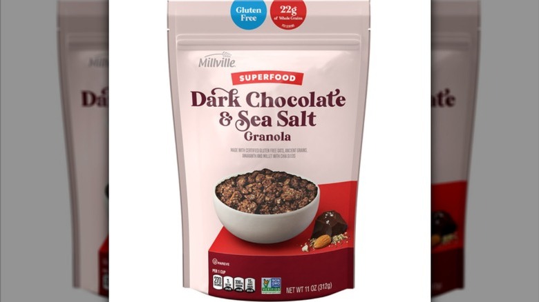 a bag of Simply Nature Dark Chocolate & Sea Salt Granola against a white background.