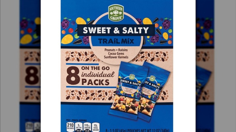 a box of Southern Grove Sweet & Salty Trail Mix against a white background.