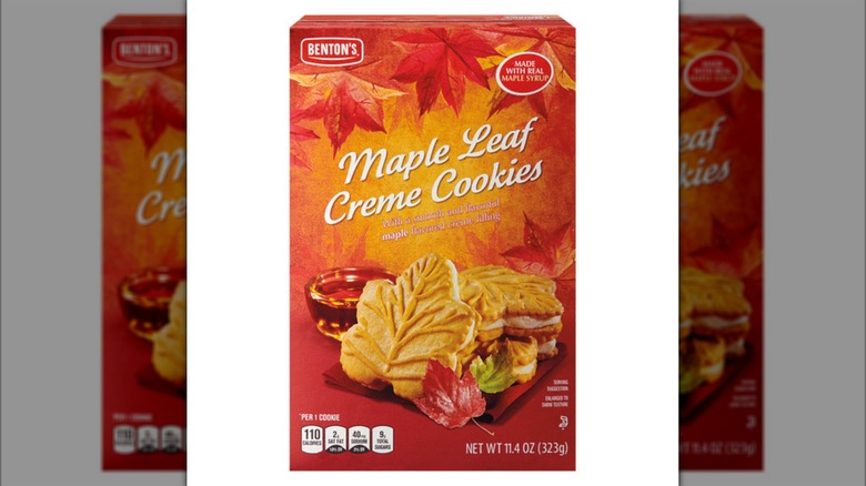 a box of Benton's Maple Leaf Creme Cookies against a white background.
