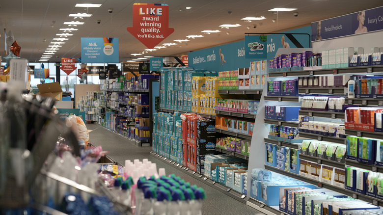 a view down an Aldi aisle.