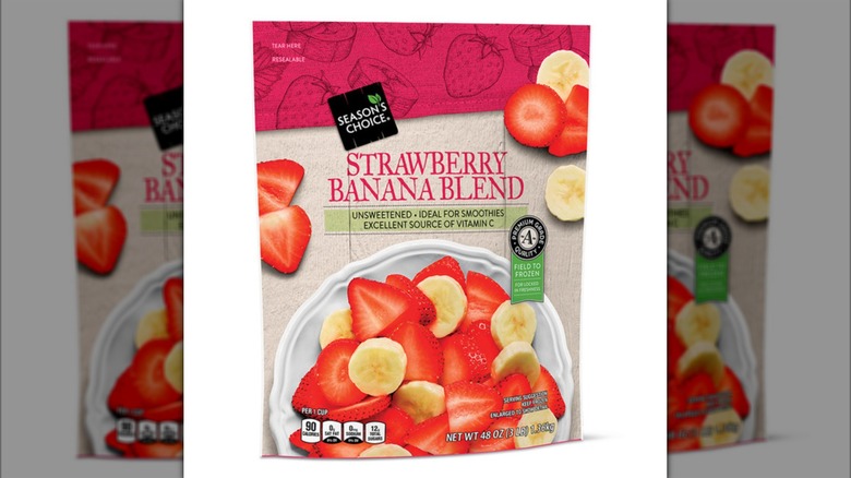 a bag of Season's Choice Strawberry Banana Blend against a white background.