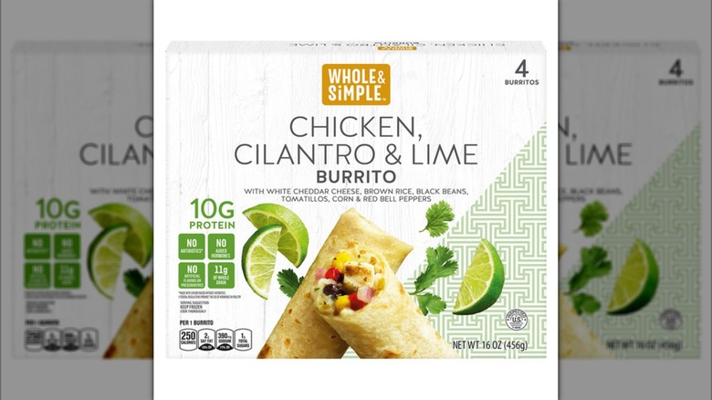 a box of chicken, cilantro, and lime burritos, with an image of the product on the box.