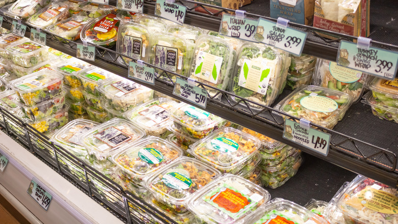 View of the selection of pre-made salads and wraps at a Trader Joe's