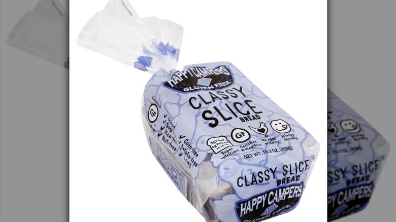 a loaf of Happy Campers Classy Slice Bread in its packaging against a white background.
