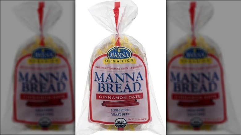an image of Manna Organic Bakery's Cinnamon Date bread in its packaging against a white background.
