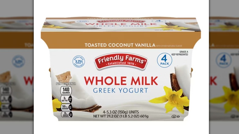 A 4-pack of Friendly Farms Toasted Coconut Vanilla whole milk Greek yogurt