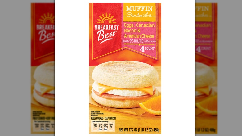 A box of Breakfast Best Canadian Bacon, Egg, and Cheese Muffin Sandwiches