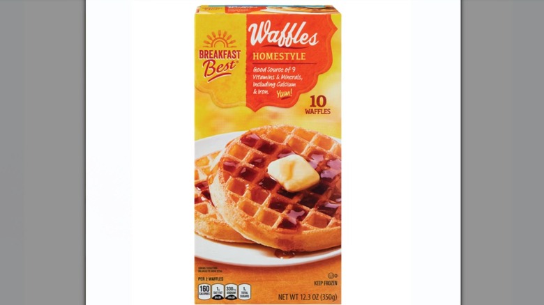 A box of Breakfast Best Homestyle Waffles against a white background