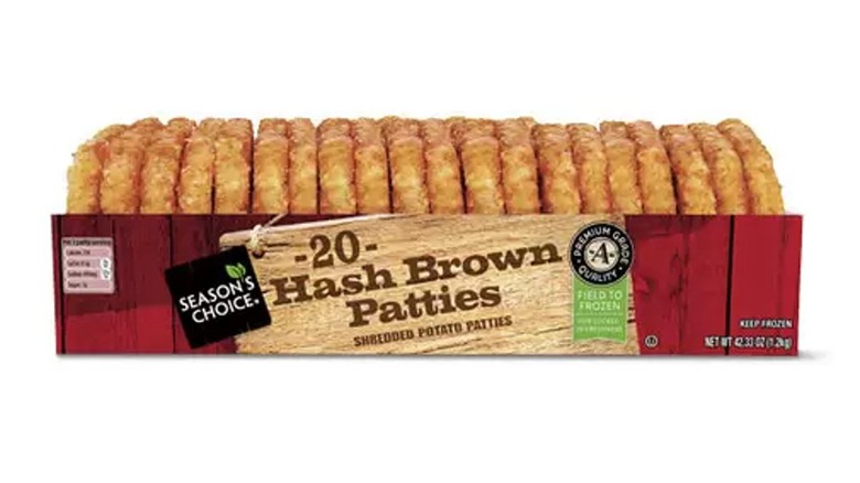 A box of Season's Choice Hash Brown Patties against a white background