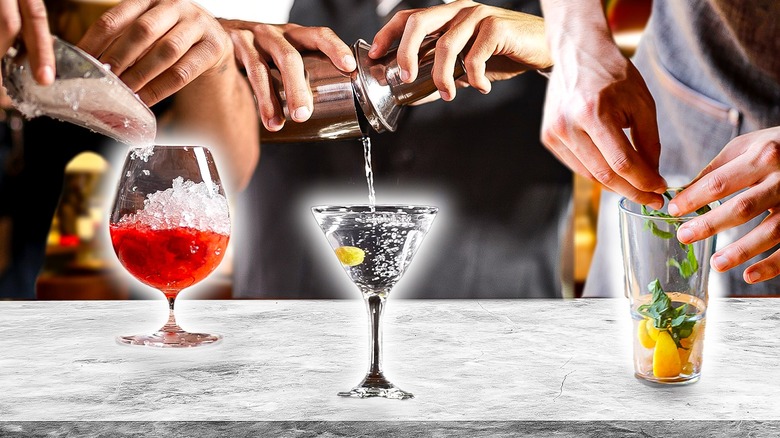 three cocktails being made