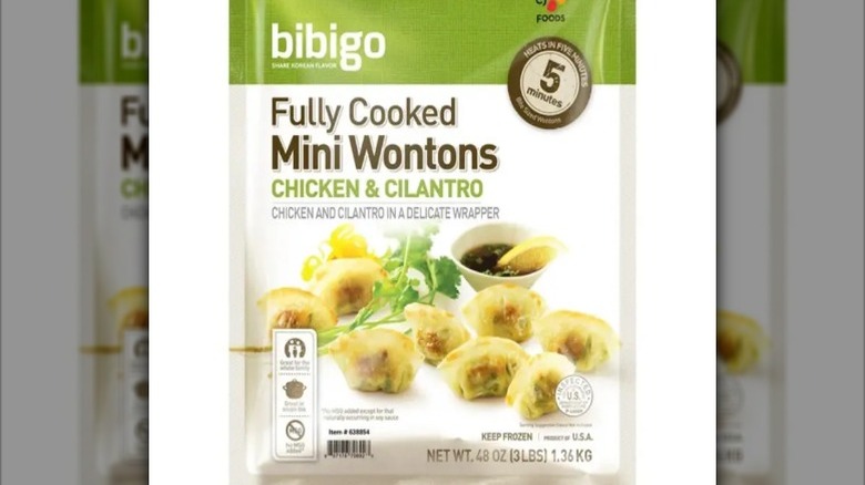 closeup of a bag of Bibigo Chicken & Cilantro Mini Waffles.