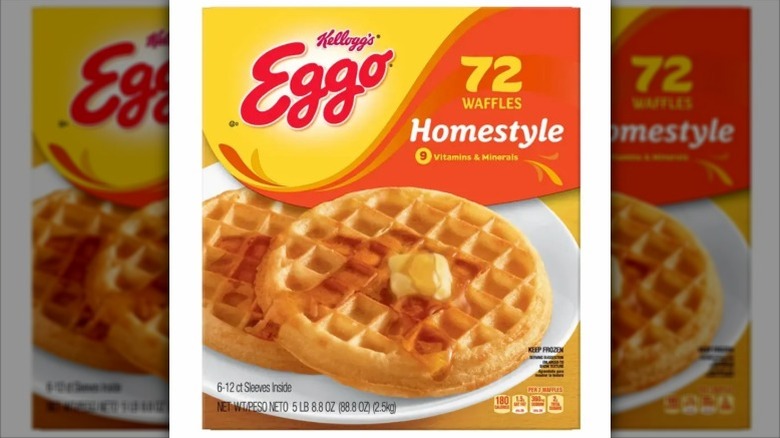 closeup of a 72-count box of Kellogg's Eggo waffles.