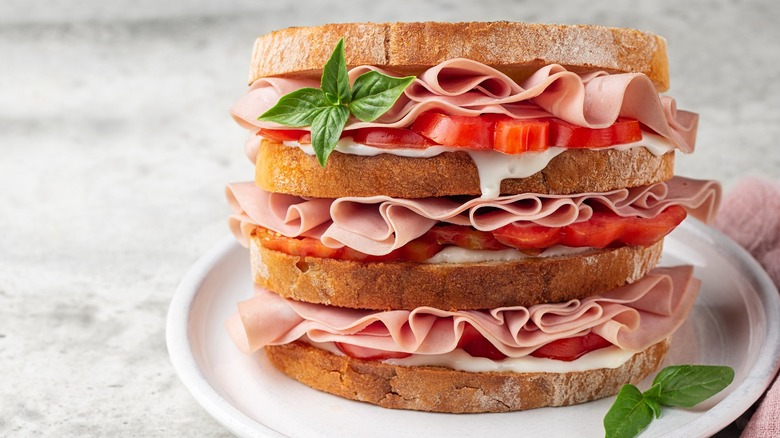 Close up of a club bologna sandwich on a white plate
