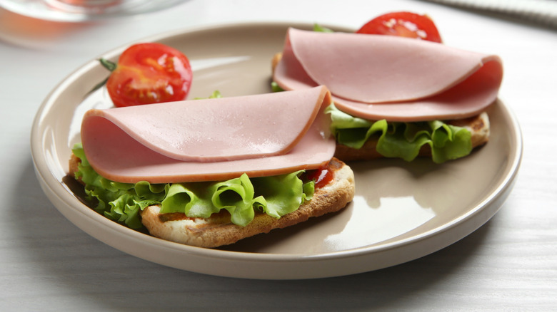 Two open-faced bologna sandwiches on a white plate