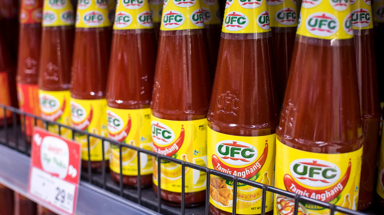 Bottles of banana ketchup on shelf