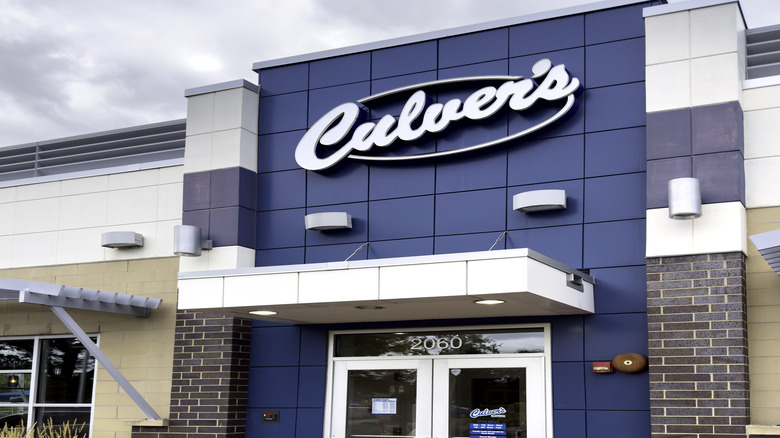 a view from outside a Culver's restaurant with the name appearing in white font on a blue background