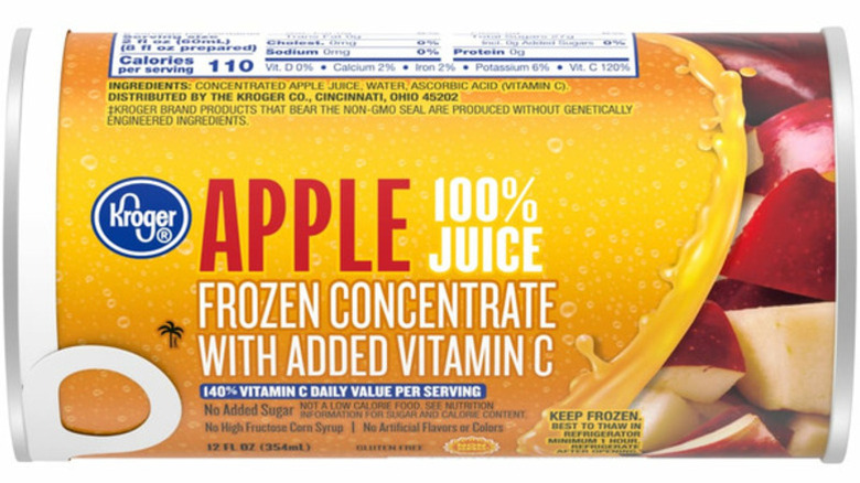A package of Kroger brand frozen apple juice concentrate.