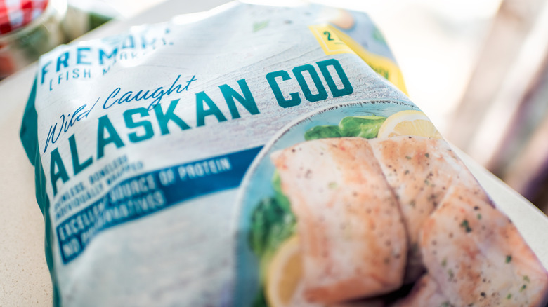 A package of Fremont Fish Market Wild Caught Alaskan Cod on a counter.