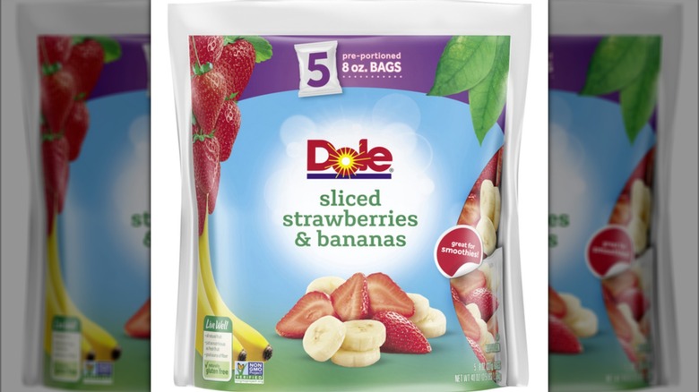 A package of Dole frozen sliced strawberries and bananas.