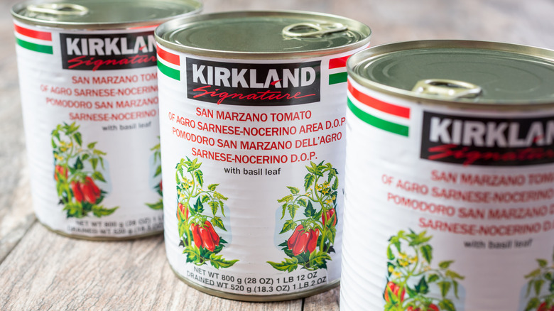 Cans of Kirkland Signature San Marzano Tomatoes