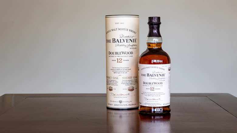 Bottle and box of The Balvenie DoubleWood 12 Scotch