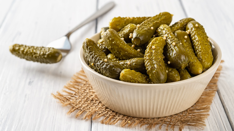 pickles in white bowl on table