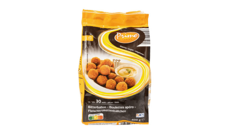 a package of frozen bitterballen against a white background.