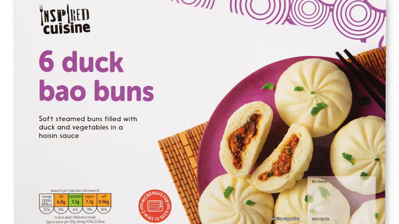 a box of six duck bao buns against a white background.