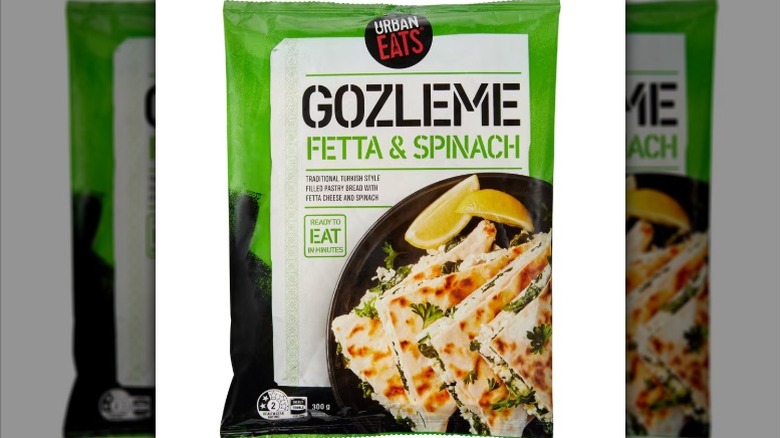 a bag of frozen Fetta & Spinach Gozleme against a white background.