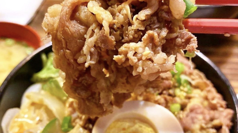 Beef donburi over bowl