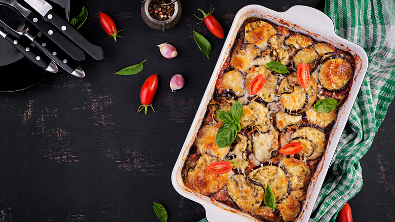 Eggplant parmesan in white dish