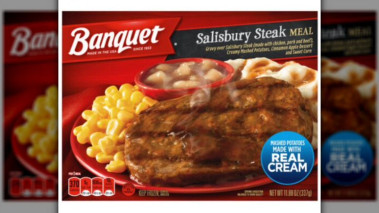 Box of Banquet Salisbury Steak frozen meal