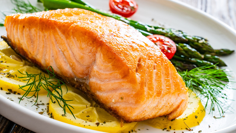 Fried salmon steak