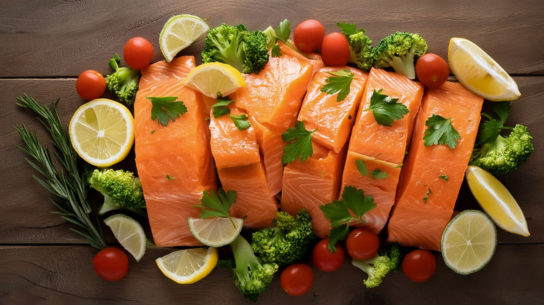 Uncooked salmon fillets, covered in seasonings and fresh produce