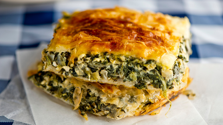 cut pieces of spanakopita