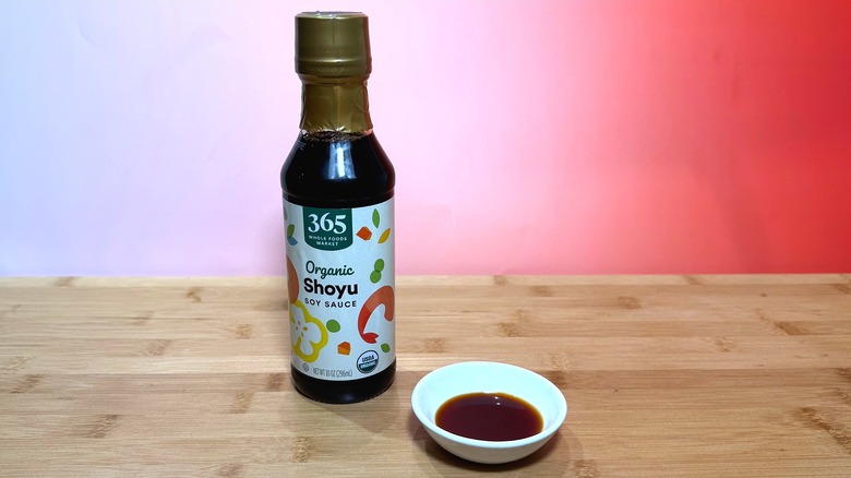 Bottle and small bowl of 365 Organic soy sauce