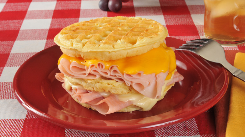 meat and cheese waffle sandwich